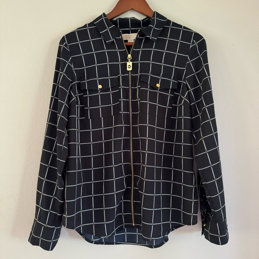 Michael Kors Long Sleeve Black & Gold Chain Print Zip Up Blouse Size M